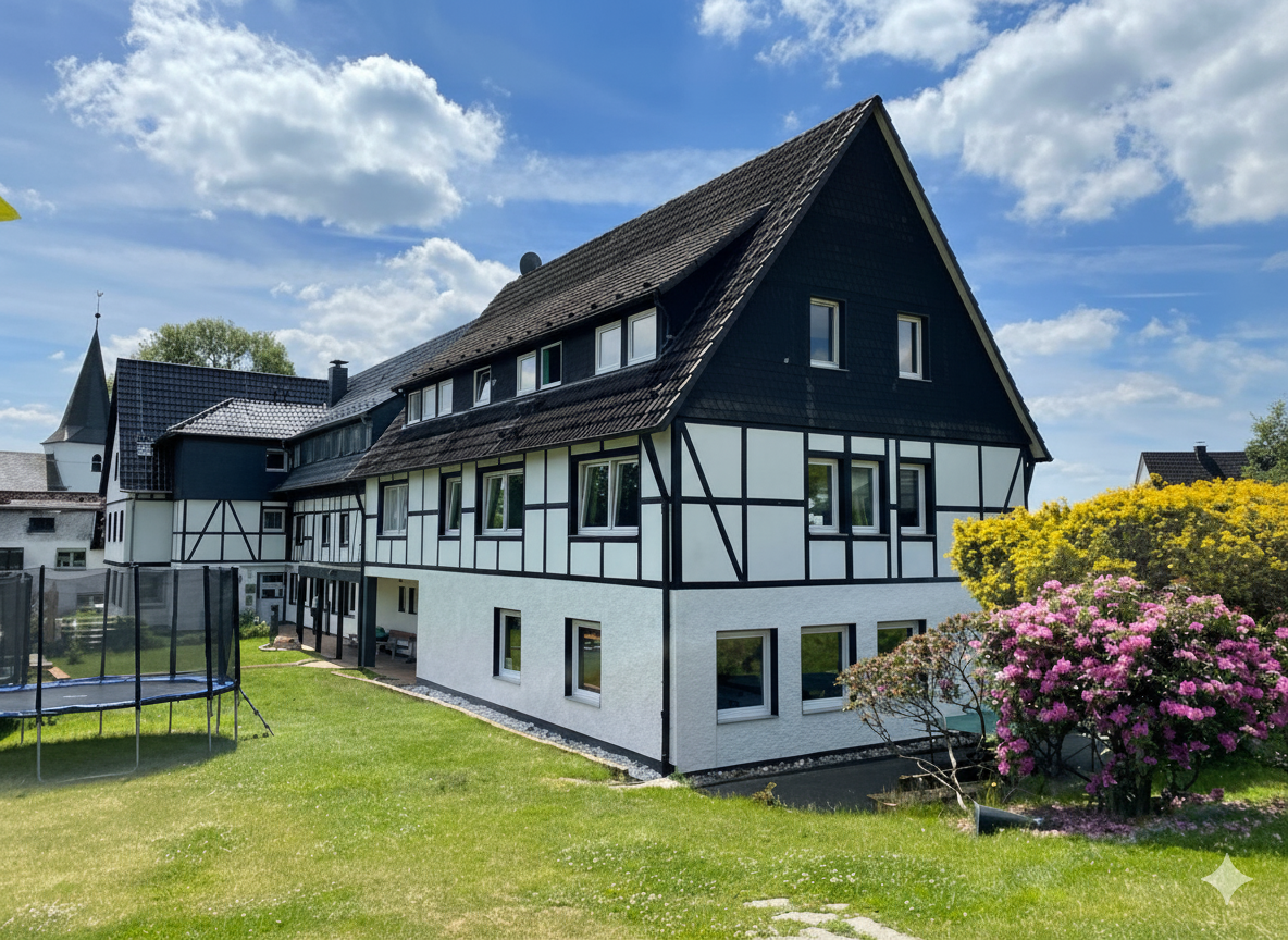 Ein großes, weißes Fachwerkhaus mit schwarzem Dach und Holzbalken. Das Haus hat mehrere Fenster und steht auf einer grünen Wiese unter einem blauen, bewölkten Himmel. Im Vorgarten befindet sich ein Trampolin und blühende pinkfarbene und gelbe Büsche.